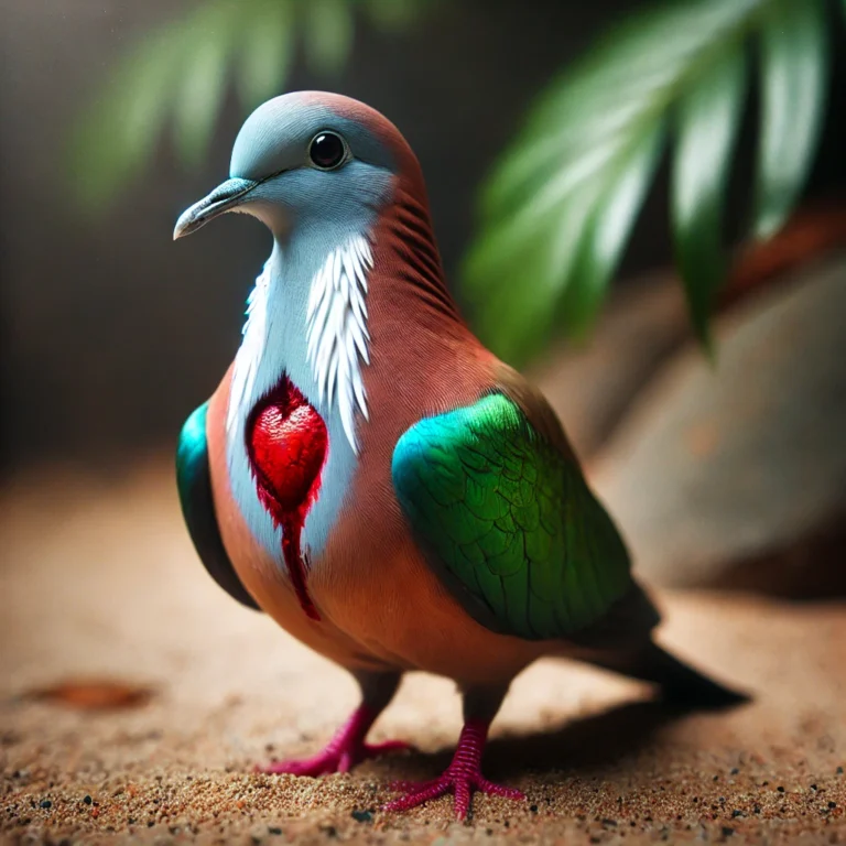 DALL·E 2024-11-13 16.50.05 - A Luzon bleeding-heart pigeon standing on a sandy surface. The bird has a distinctive red patch on its chest, resembling a bleeding wound. Its head is