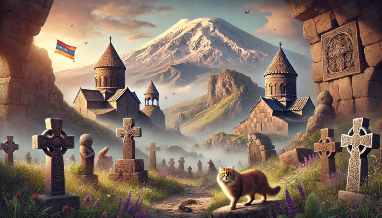 DALL·E 2024-11-14 07.53.46 - A captivating, photo-realistic illustration of the Armenian landscape featuring Mount Ararat in the background, ancient stone monasteries like Geghard