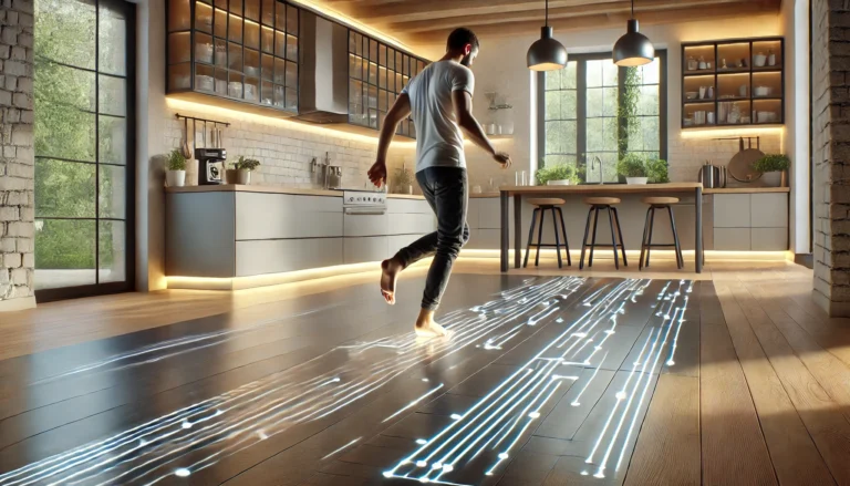 DALL·E 2024-11-14 19.36.49 - A photorealistic image of a modern kitchen with sleek piezoelectric flooring. The scene shows a person dancing barefoot, mid-movement, with slight mot
