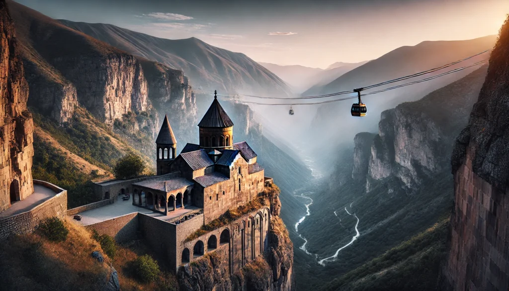 DALL·E 2024-11-14 20.18.08 - A dramatic view of Tatev Monastery in Armenia, perched on the edge of a deep gorge with surrounding mountain scenery. The ancient 9th-century stone mo