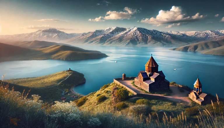 DALL·E 2024-11-14 20.18.23 - A stunning view of Lake Sevan in Armenia, showcasing its deep blue waters surrounded by snow-capped mountains in the background. The image features Se