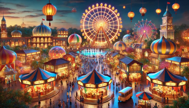 DALL·E 2024-11-16 08.26.56 - A vibrant and photo-realistic depiction of Global Village at night, showcasing colorful pavilions from various countries, glowing lights, and a lively