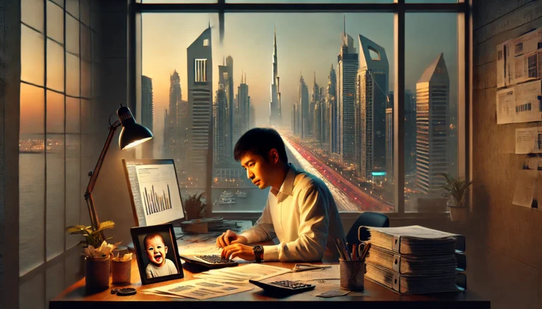 DALL·E 2024-11-16 10.50.03 - A photorealistic depiction of an Overseas Filipino Worker (OFW) working as an accountant in Dubai. The scene shows a tired but determined individual s