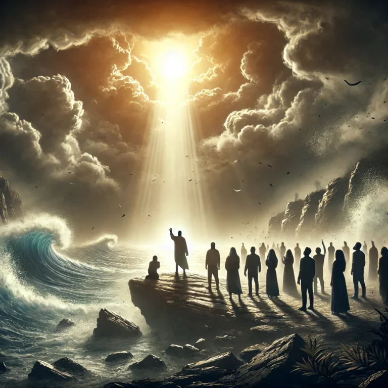 DALL·E 2024-11-18 09.48.11 - An emotional illustration of a stormy night with multiple people standing on a rocky cliff. Each person is in a posture of desperation or prayer, look