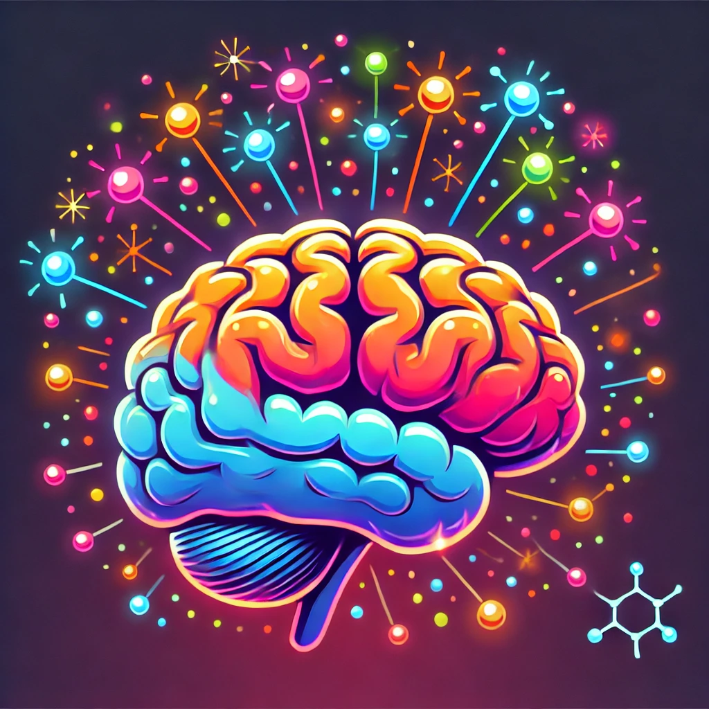 DALL·E 2024-11-23 14.10.57 - A vibrant illustration of a human brain with glowing dopamine molecules lighting up like colorful fireworks around it. The brain is depicted in a fun,