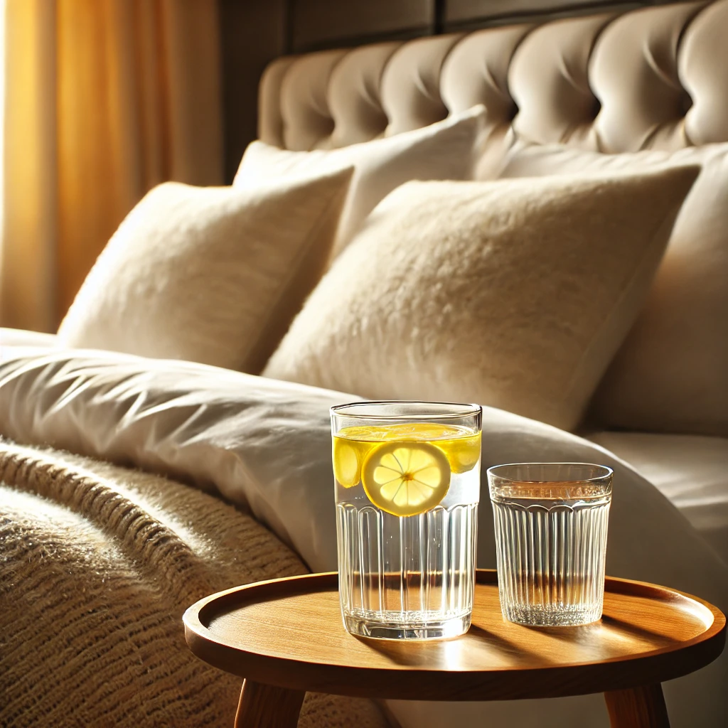 DALL·E 2024-11-23 14.11.05 - A cozy scene of a neatly made bed with fluffy pillows and a glass tumbler of water with lemon placed on a bedside table. The setting is warm and invit