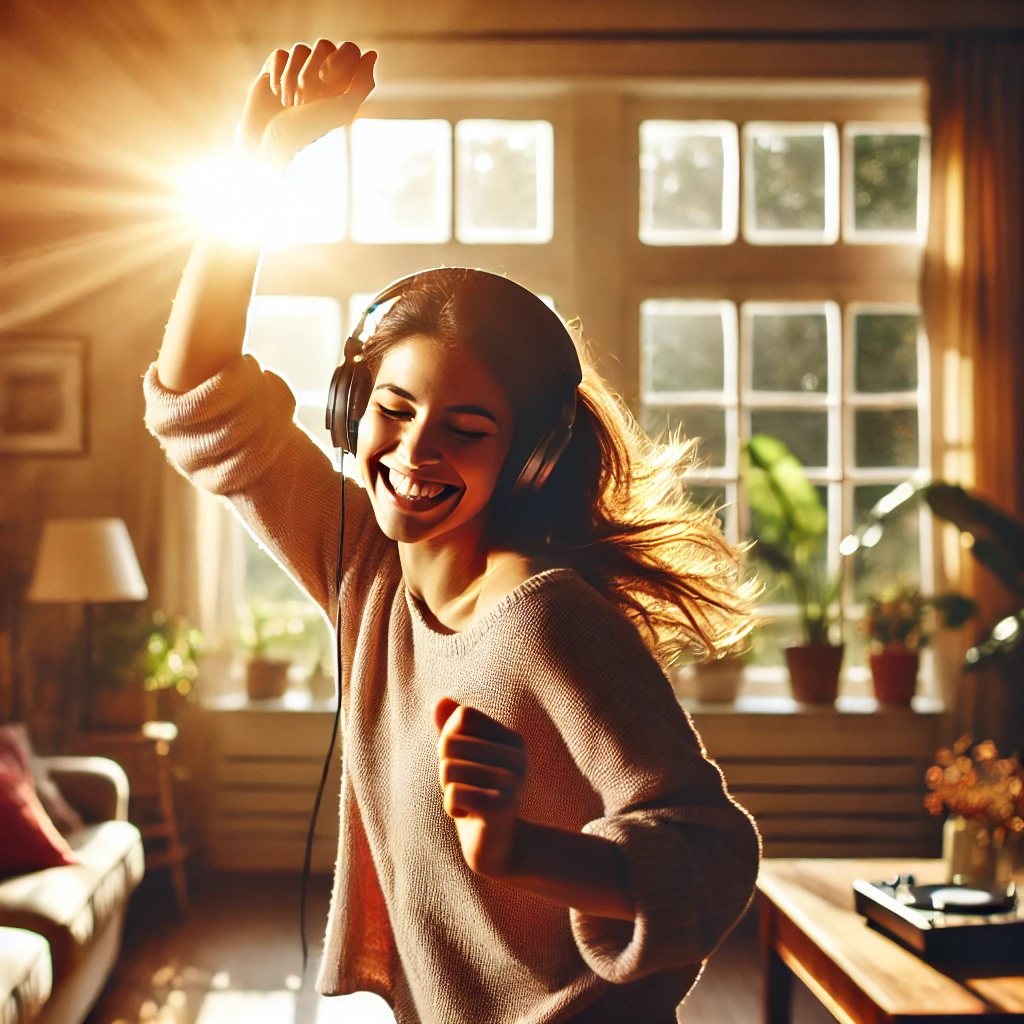DALL·E 2024-11-23 14.11.07 - A joyful scene of someone dancing in their living room, wearing headphones and looking carefree. Sunlight streams through the windows, and the person