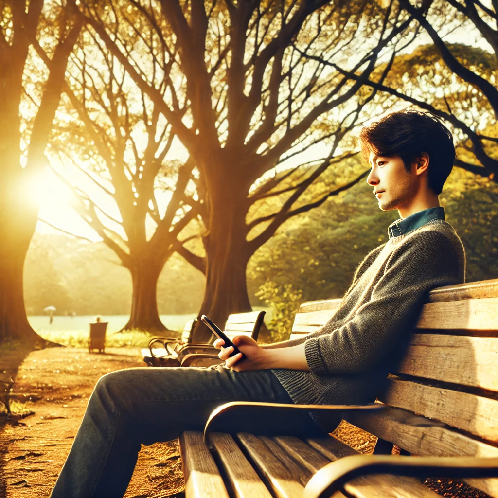DALL·E 2024-11-23 14.11.09 - A peaceful scene of a person sitting on a park bench, phone-free, enjoying nature. The background shows trees with golden sunlight filtering through t