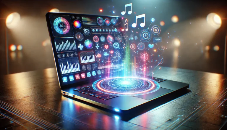 DALL·E 2024-11-28 08.30.54 - A futuristic laptop on a sleek, metallic desk, emitting colorful holographic projections of words, music notes, and images into the air. The laptop de