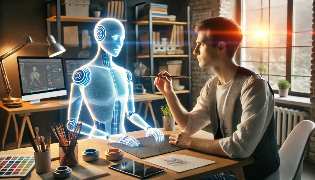 DALL·E 2024-11-28 08.30.57 - A person sitting at a modern desk in a creative workspace, collaborating with a glowing, semi-transparent AI figure that is humanoid in shape and hold