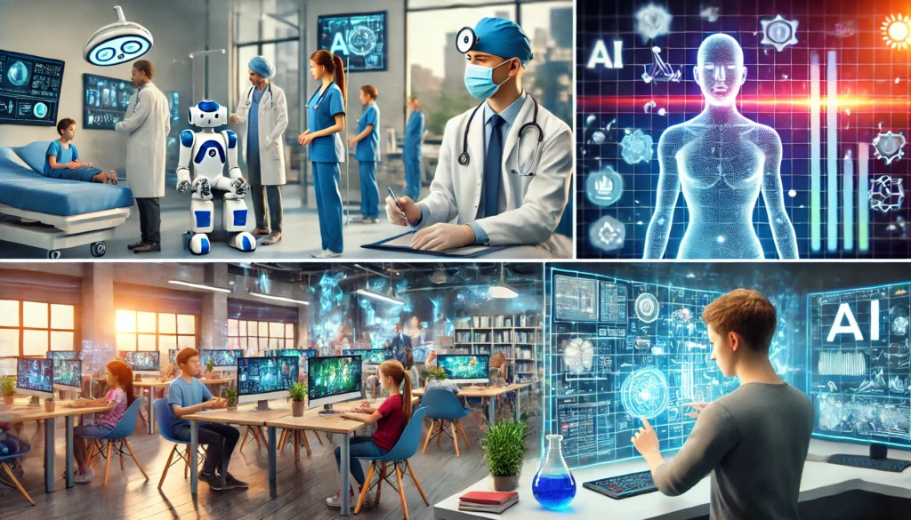 DALL·E 2024-11-28 08.31.00 - A montage-style image depicting AI applications in various industries_ a robot assisting doctors in a modern hospital with a clean, futuristic design;