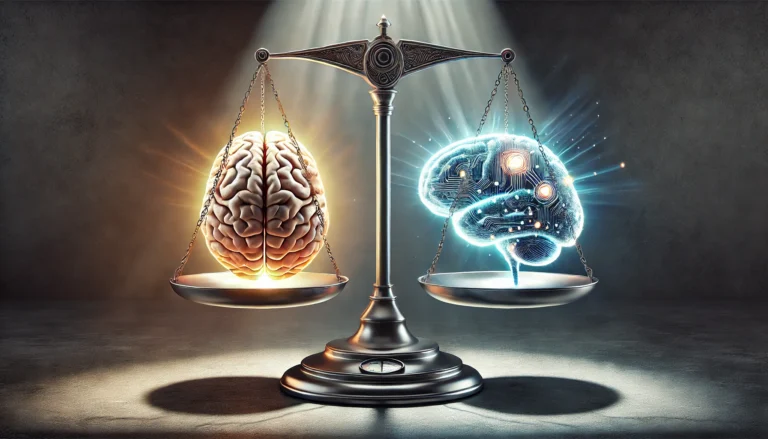 DALL·E 2024-11-28 08.31.02 - A symbolic depiction of a scale balancing a human brain on one side and a glowing, futuristic AI brain on the other. The human brain is depicted with