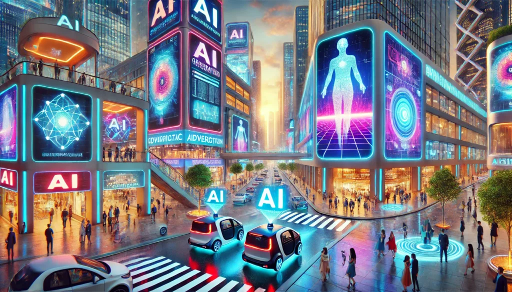 DALL·E 2024-11-28 08.31.06 - A vibrant, futuristic cityscape bustling with activity. AI-generated advertisements are displayed on towering digital billboards, showcasing dynamic a