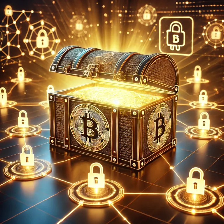 DALL·E 2024-12-05 10.47.37 - A futuristic digital treasure chest representing Bitcoin's limited supply, glowing with gold light, surrounded by a network of interconnected nodes sy