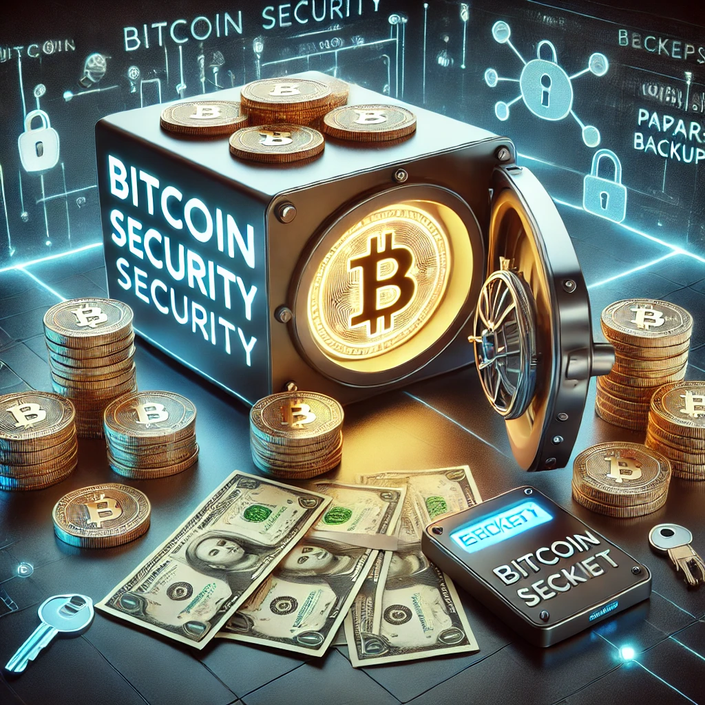 DALL·E 2024-12-05 10.49.14 - A digital vault labeled 'Bitcoin Security' surrounded by glowing private keys, paper backups, and a hardware wallet, symbolizing the importance of sec