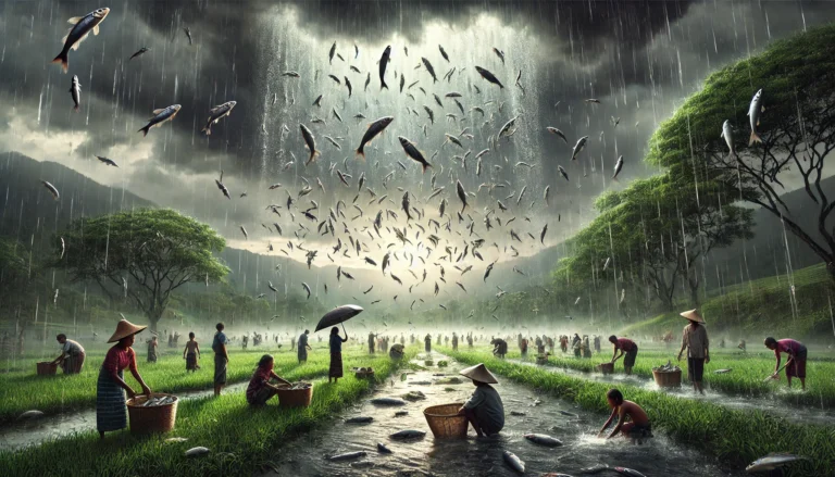 DALL·E 2024-12-15 22.18.24 - A surreal and photorealistic depiction of the 'Rain of Fish' phenomenon in Yoro, Honduras. The scene captures a dramatic rainstorm in a lush green cou