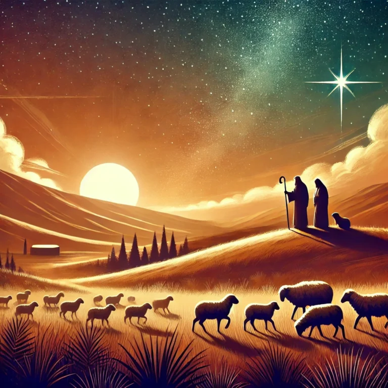 DALL·E 2024-12-24 18.34.35 - An artistic representation of shepherds tending their flocks under a starry night sky in a warm and hilly landscape, symbolizing the scene from Luke 2
