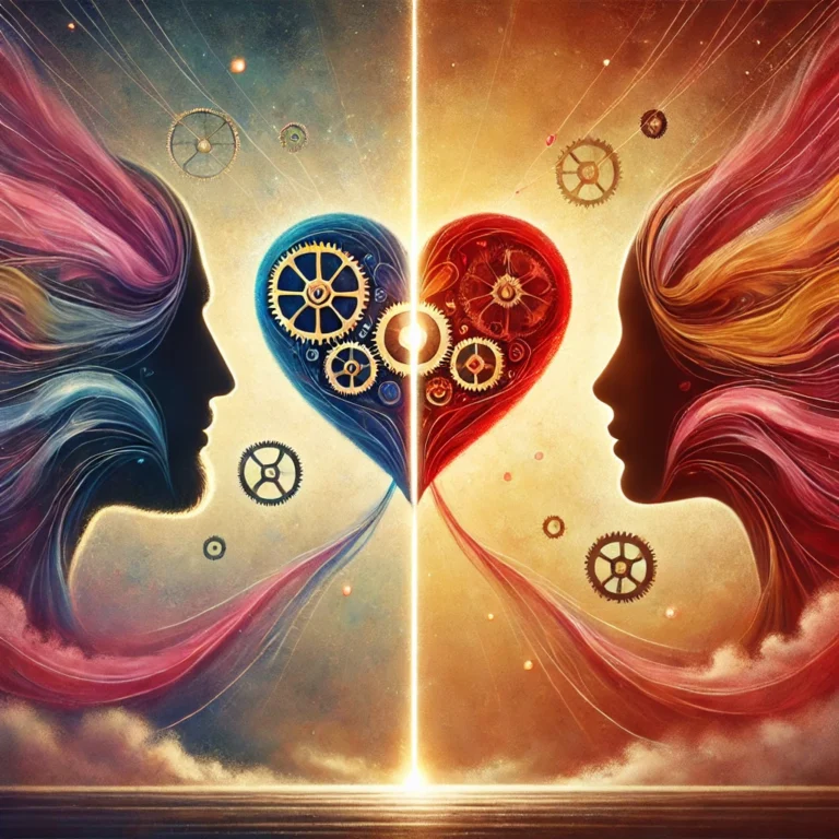 DALL·E 2024-12-27 16.02.12 - A symbolic illustration depicting the complexities of love and relationships. The image features a heart divided into two halves, one half filled with