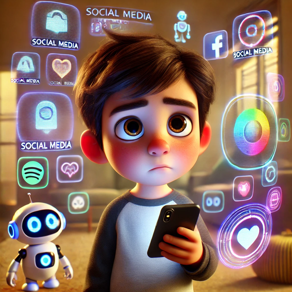 DALL·E 2025-01-03 17.10.48 - A Pixar-style 3D illustration of a child holding a smartphone, looking confused as futuristic holograms surround them. The holograms display colorful