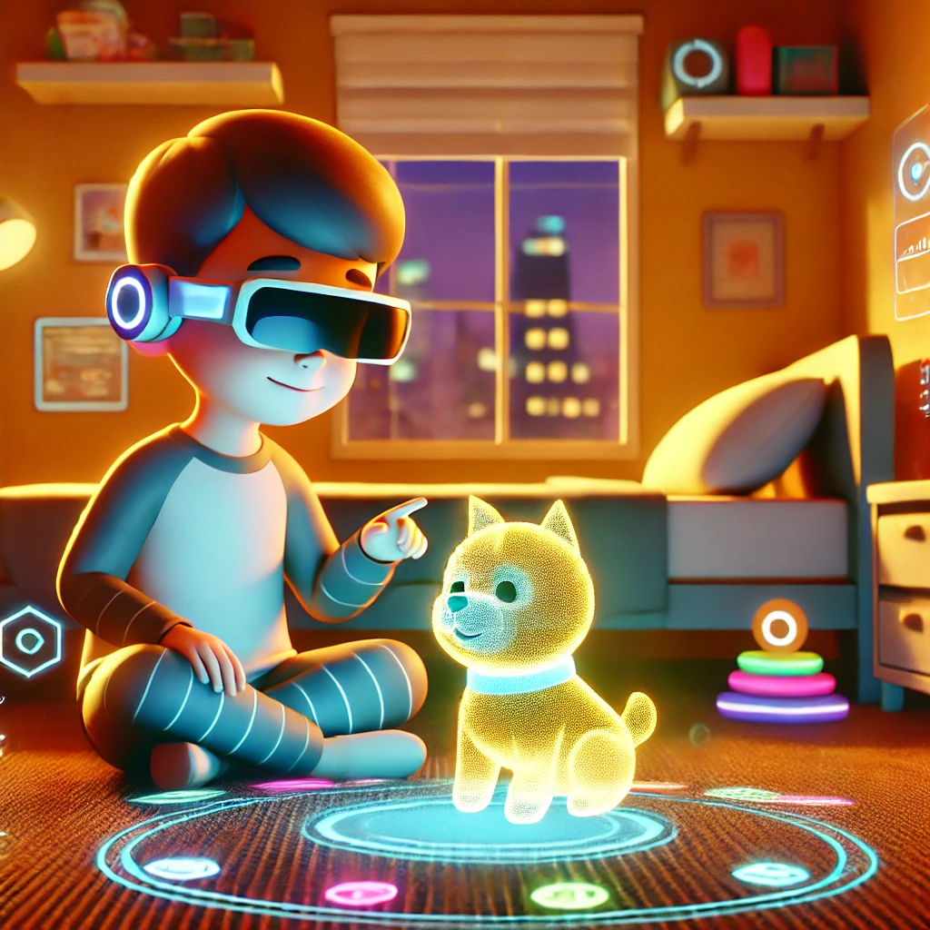 DALL·E 2025-01-03 17.14.25 - A Pixar-style 3D illustration of a child wearing augmented reality glasses, interacting with a holographic pet in their bedroom. The pet is a glowing,