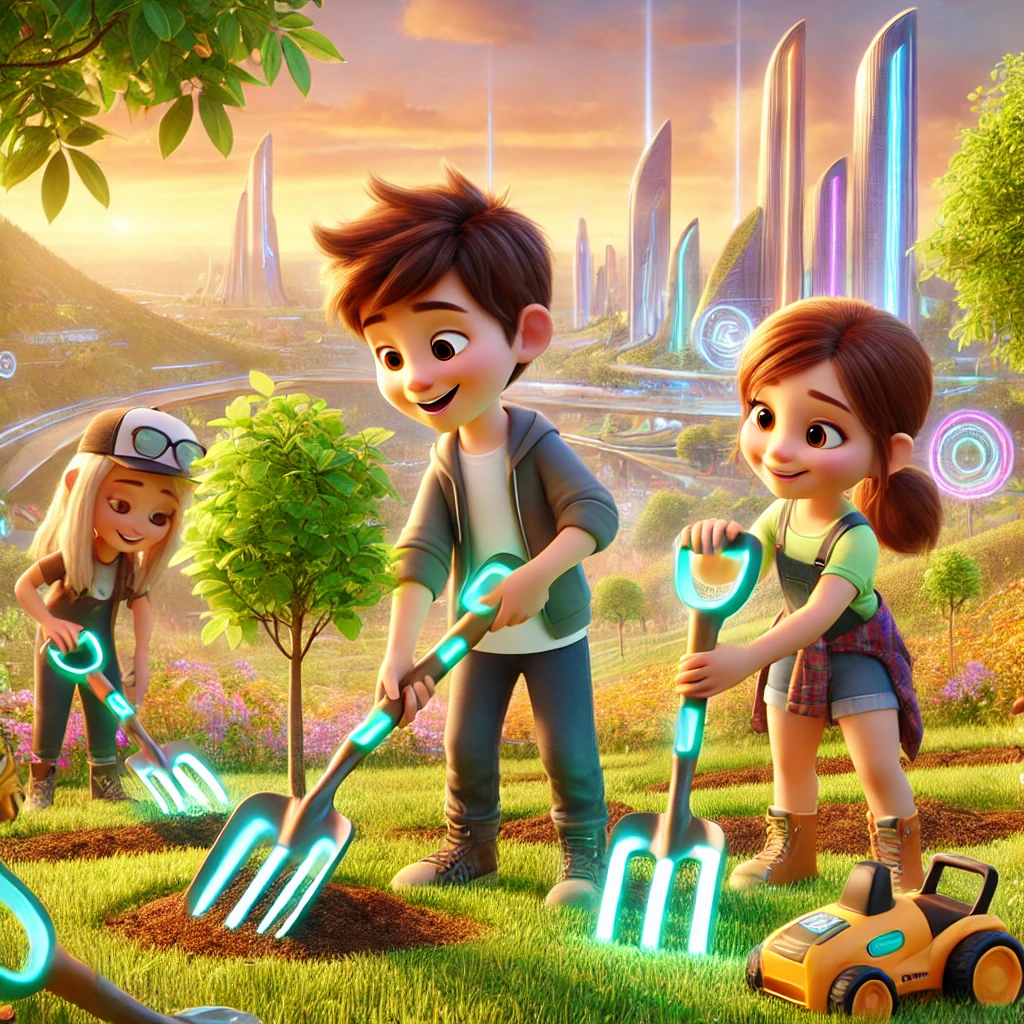 DALL·E 2025-01-03 17.14.28 - A Pixar-style 3D illustration of young children planting trees with futuristic gardening tools in a bright, clean outdoor setting. The children are sm