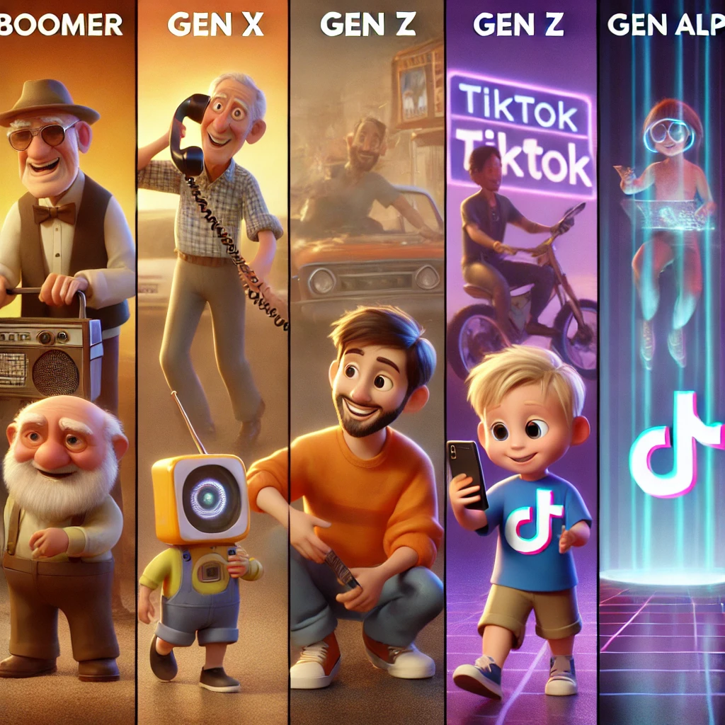 DALL·E 2025-01-03 17.14.30 - A Pixar-style 3D illustration showing a generational montage_ a series of characters representing different generations (Boomers, Gen X, Millennials,