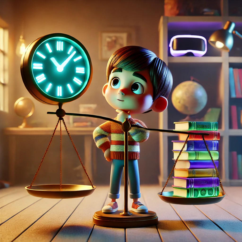 DALL·E 2025-01-03 17.14.33 - A Pixar-style 3D illustration of a child balancing a glowing digital clock on one side of a scale and a stack of colorful books on the other, represen