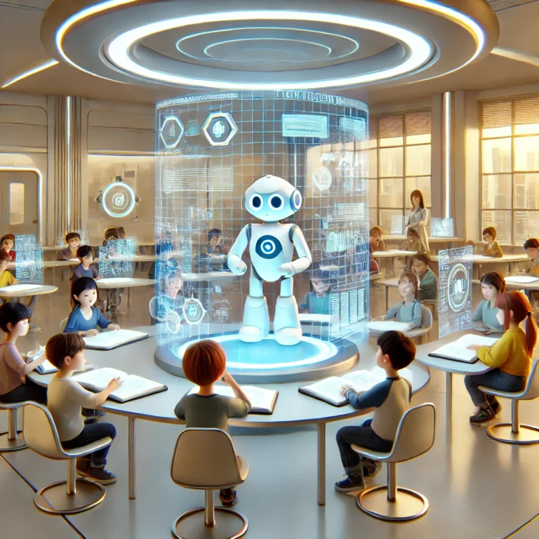 DALL·E 2025-01-03 17.14.35 - A Pixar-style 3D illustration of a futuristic classroom scene with children using holographic textbooks and working alongside robot assistants. The ch