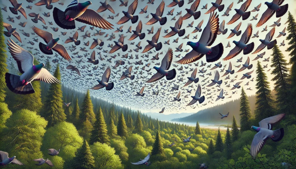 DALL·E 2025-01-09 13.48.17 - A realistic illustration of a massive flock of passenger pigeons filling the sky over a lush North American forest. The birds are depicted in synchron