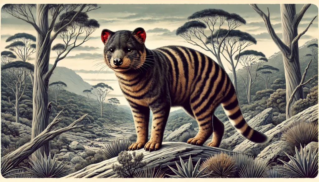 DALL·E 2025-01-09 13.48.20 - A realistic illustration of a thylacine (Tasmanian tiger) standing in a rugged Tasmanian wilderness. The thylacine is depicted with its distinct tiger