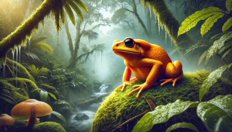 DALL·E 2025-01-09 13.48.23 - A realistic illustration of a golden toad perched on a mossy rock in a misty Costa Rican cloud forest. The toad is vibrant orange with smooth, shiny s