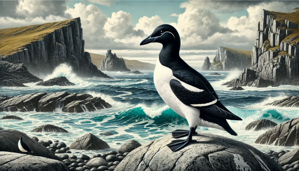 DALL·E 2025-01-09 13.48.25 - A realistic illustration of a great auk standing on a rocky North Atlantic coastline. The great auk is depicted as a large, flightless seabird with a
