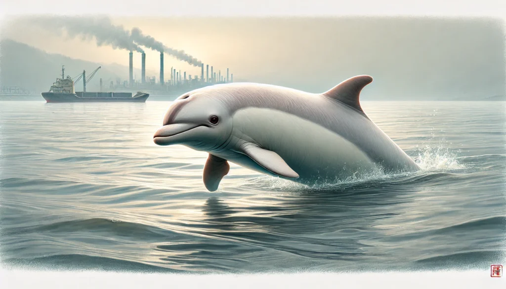 DALL·E 2025-01-09 13.48.27 - A realistic illustration of a baiji dolphin gracefully swimming in the Yangtze River. The dolphin is depicted with its unique long snout and pale, alm