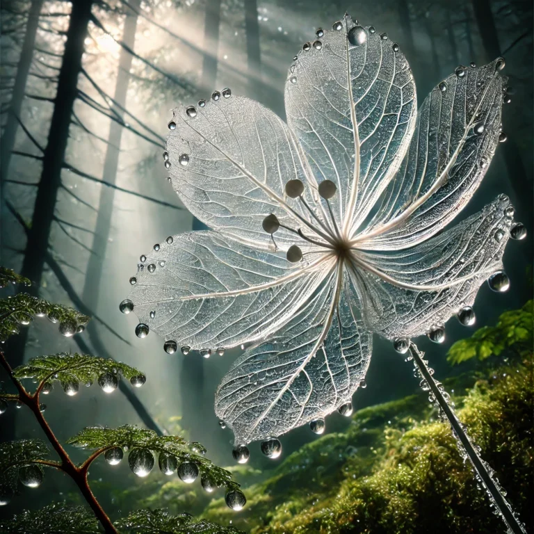 DALL·E 2025-01-13 17.54.52 - A close-up view of a skeleton flower (Diphylleia grayi) in a misty forest setting. The flower's delicate white petals are turning transparent under ra