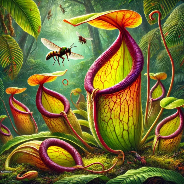 DALL·E 2025-01-17 07.46.07 - A captivating depiction of a Nepenthes pitcher plant in a tropical rainforest. Show its large, colorful pitcher-shaped traps filled with digestive liq
