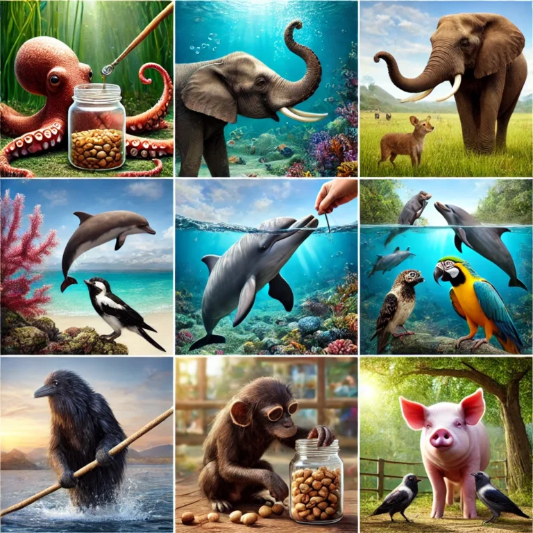 DALL·E 2025-01-17 07.51.20 - 1. A realistic underwater scene featuring an octopus unscrewing a jar to retrieve food, with vibrant coral and marine life in the background. 2. A fam