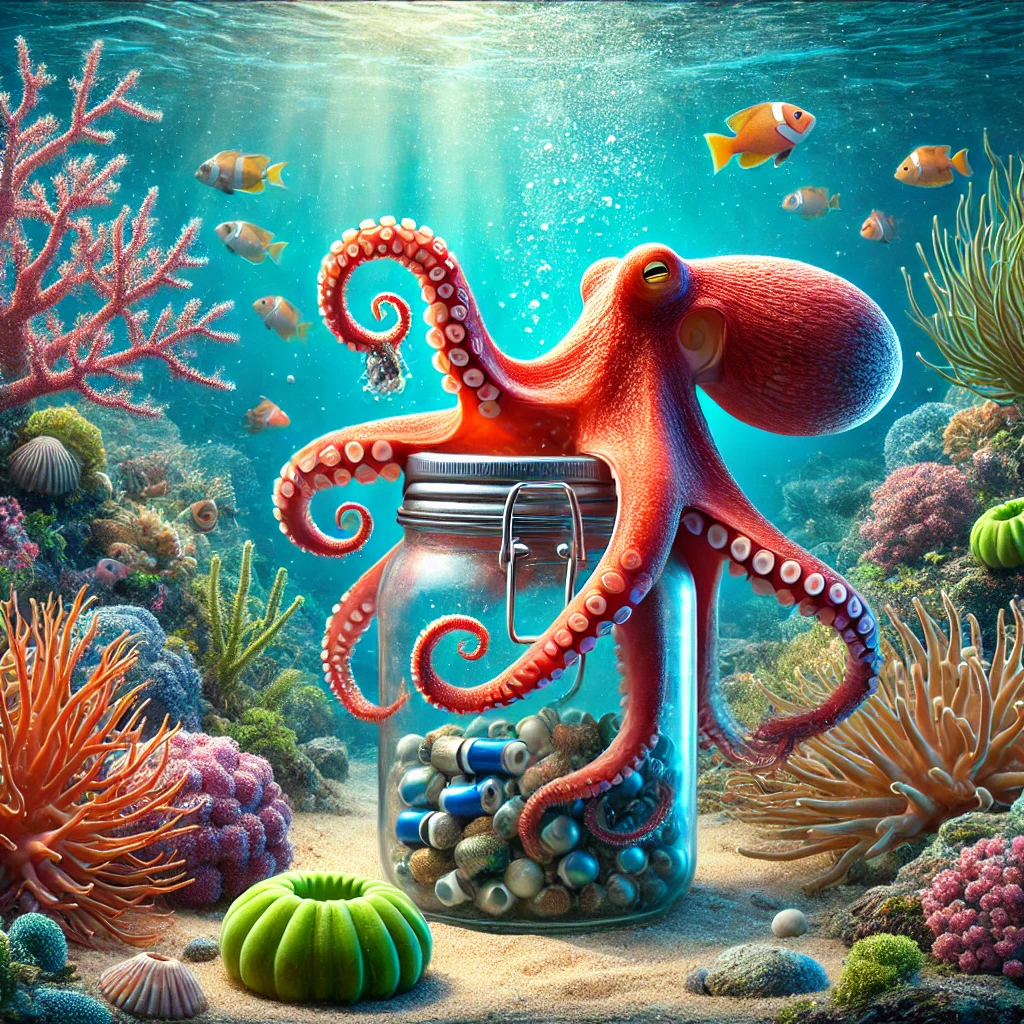 DALL·E 2025-01-17 07.51.22 - A realistic underwater scene featuring an octopus unscrewing a jar to retrieve food, surrounded by vibrant coral reefs and marine life such as small f