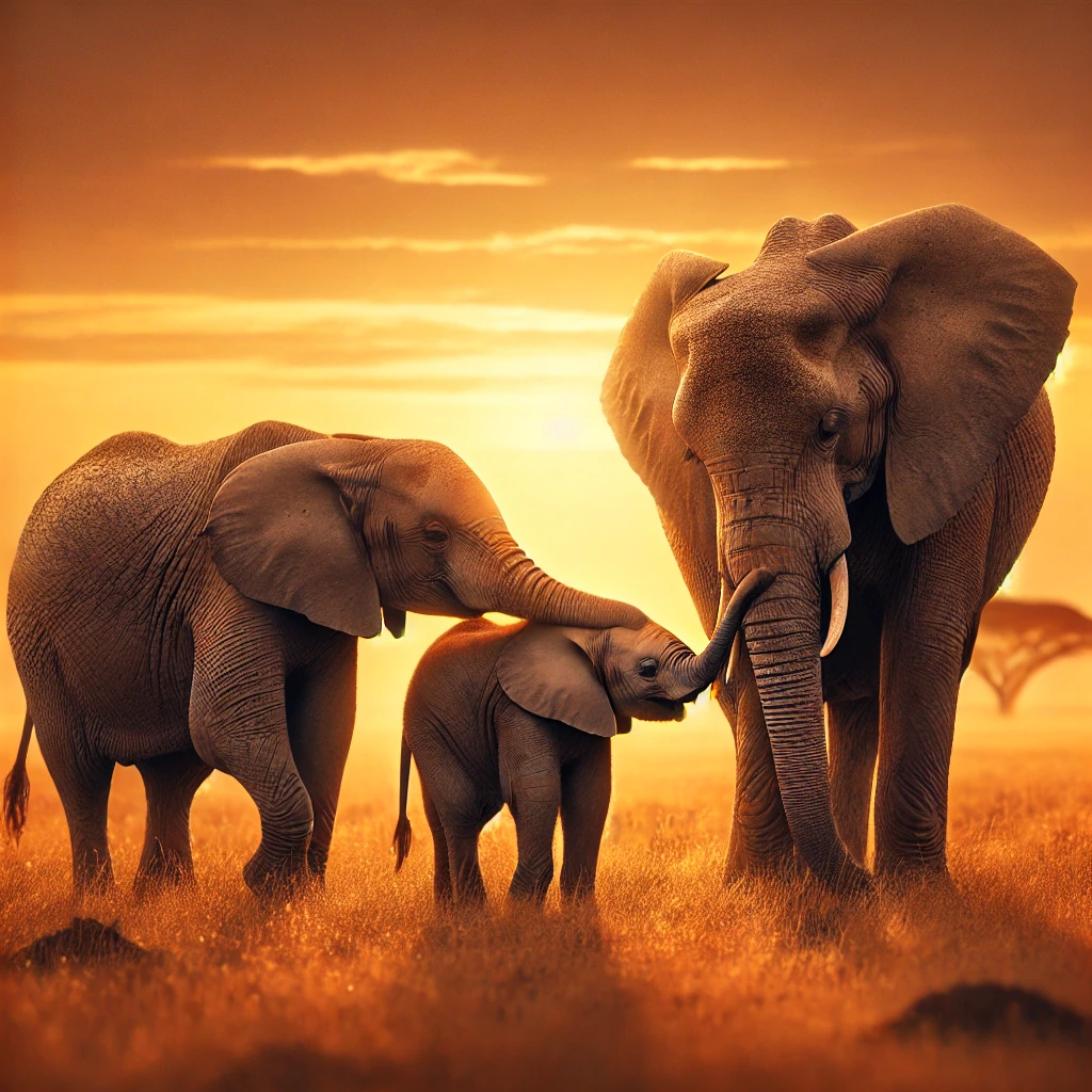 DALL·E 2025-01-17 07.51.24 - A family of elephants walking through a golden savannah at sunset, with one elephant gently comforting another using its trunk, showcasing empathy and