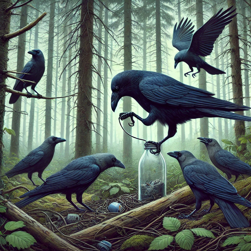 DALL·E 2025-01-17 07.51.26 - A group of crows in a forest setting, with one crow bending a wire into a hook to retrieve food from a bottle, surrounded by trees, leaves, and a natu
