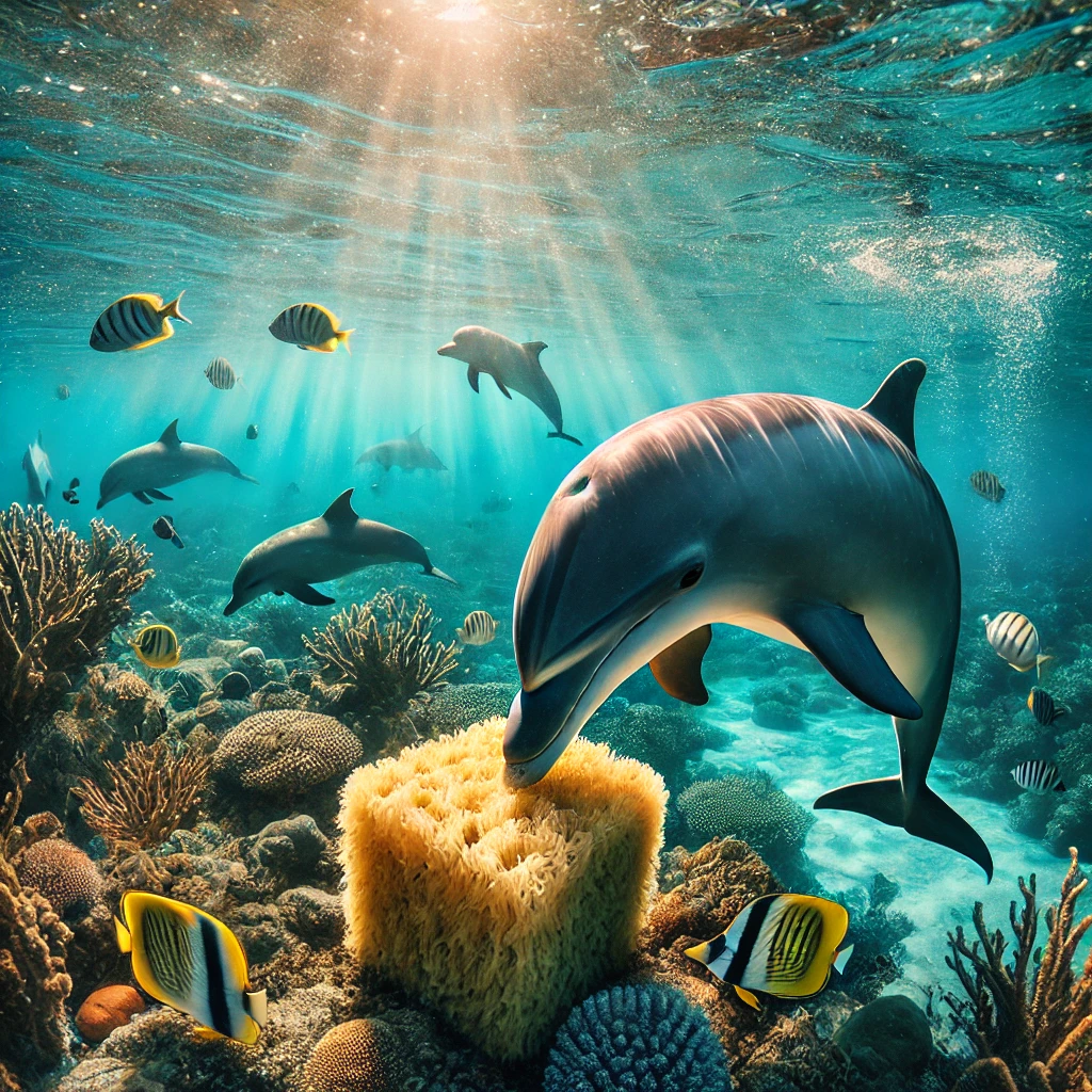 DALL·E 2025-01-17 07.51.28 - A group of dolphins swimming in crystal-clear ocean water, with one dolphin using a sponge to forage on the ocean floor, surrounded by vibrant marine