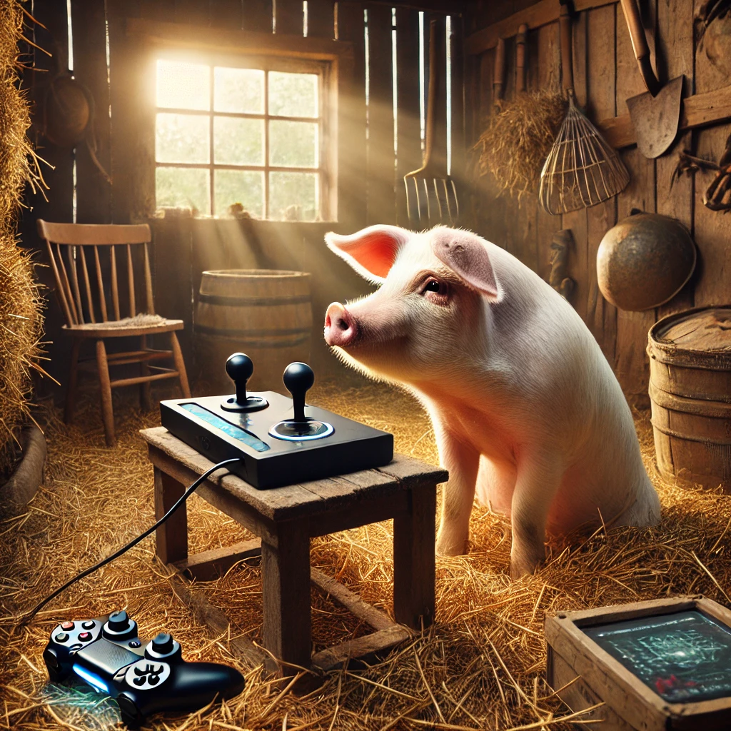 DALL·E 2025-01-17 07.51.30 - A pig in a cozy barn setting, engaging with a joystick and a screen, demonstrating intelligence, surrounded by hay, farm tools, and warm natural light