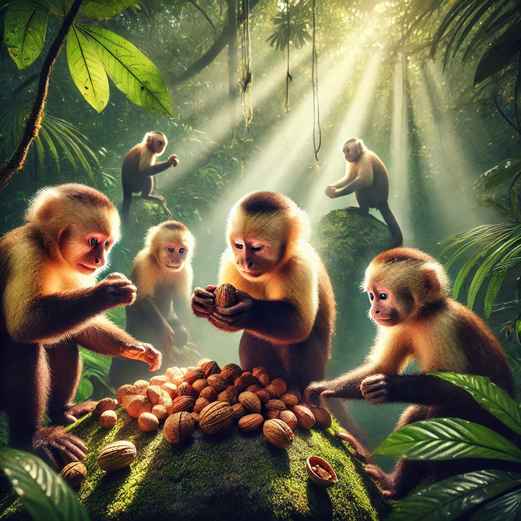 DALL·E 2025-01-17 07.51.32 - A group of capuchin monkeys in a lush jungle, with one monkey using a rock to crack open a nut, surrounded by vibrant green foliage and natural sunlig
