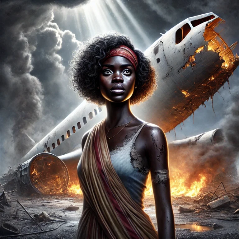 DALL·E 2025-01-20 09.41.29 - A striking illustration of an African lady showcasing resilience amidst the chaos of an airplane crash. The scene depicts the aftermath of the crash,
