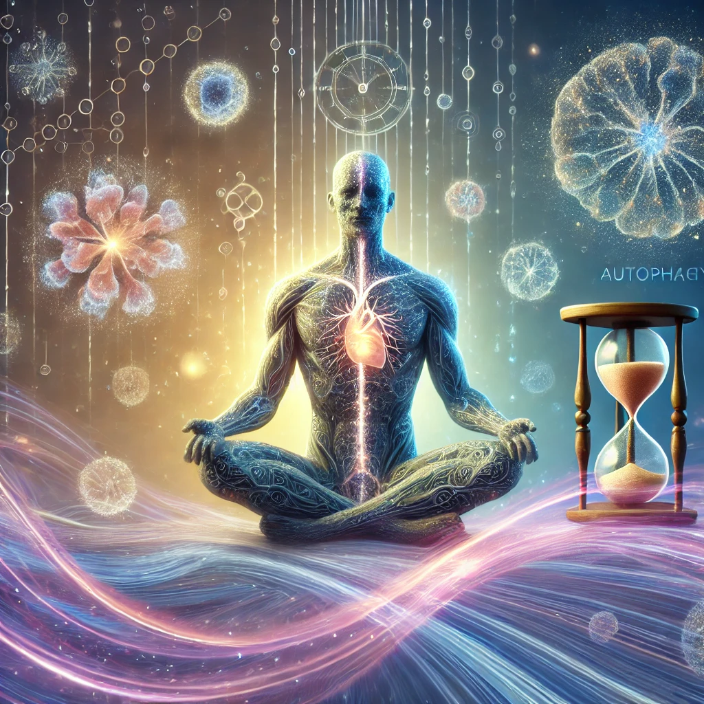 DALL·E 2025-01-20 10.21.14 - A metaphorical and artistic representation of a human figure sitting in a meditative pose during fasting. The figure is serene and glowing, with subtl