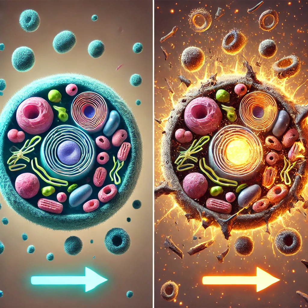DALL·E 2025-01-20 10.21.19 - A scientific and visually engaging side-by-side comparison of two cells. The first cell is healthy, glowing, and vibrant, with autophagy in full swing