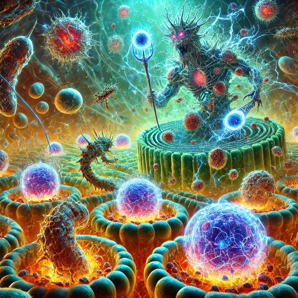 DALL·E 2025-01-20 10.21.21 - A highly detailed and artistic depiction of a battlefield-like scene inside a cell. Harmful invaders like bacteria and viruses are shown as threatenin