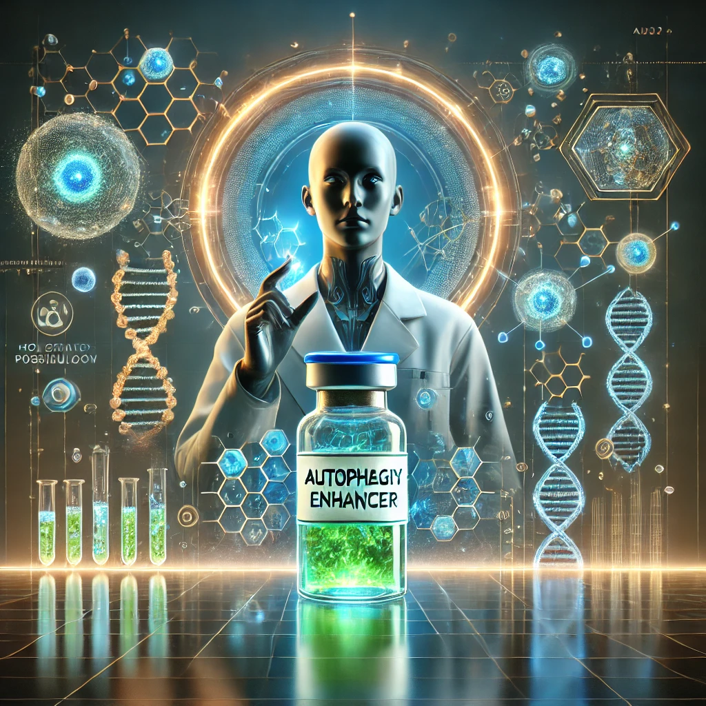 DALL·E 2025-01-20 10.21.25 - A futuristic and visually striking illustration of a person or scientist holding a glowing vial labeled 'Autophagy Enhancer.' The scientist is surroun