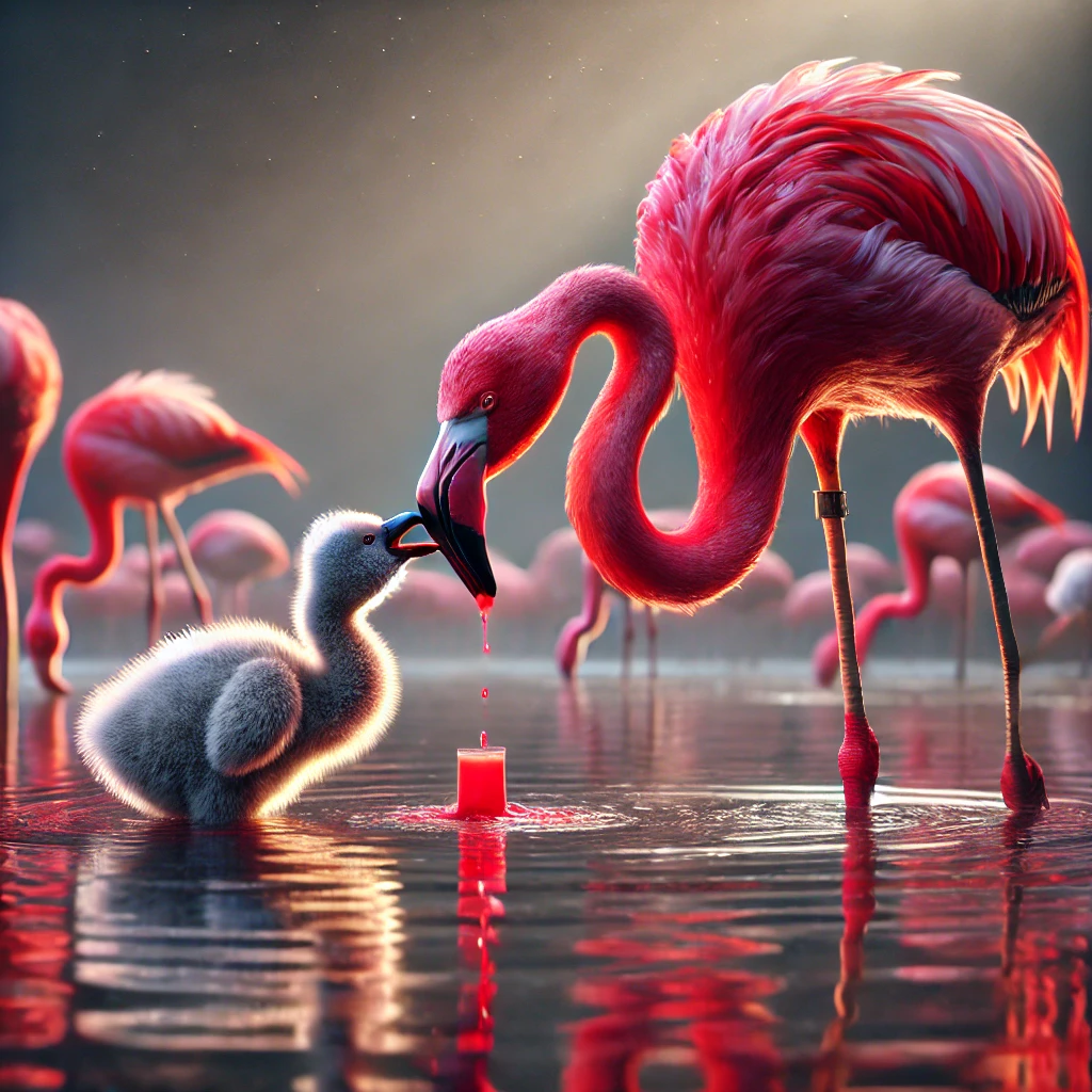 DALL·E 2025-01-21 07.41.22 - A photorealistic scene showing a vibrant pink flamingo feeding its fluffy gray chick with red crop milk. The flamingo is bending gracefully, its beak
