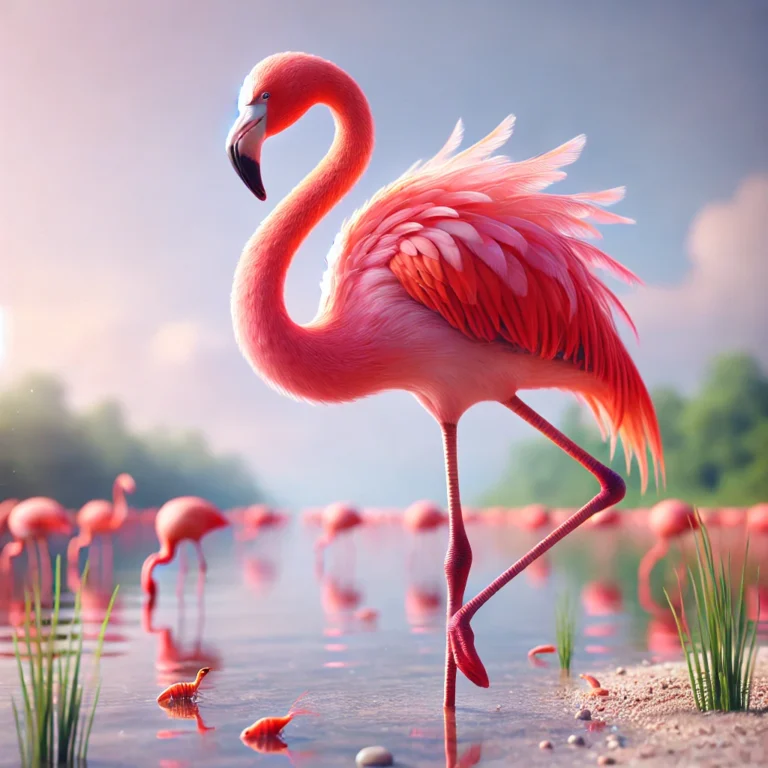 DALL·E 2025-01-21 07.42.26 - A photorealistic scene of a flamingo showcasing its vibrant pink feathers, standing gracefully near a shallow water body. The bird’s elegant posture a