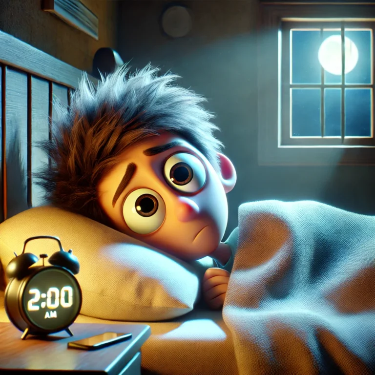 DALL·E 2025-01-21 08.03.22 - A Pixar-style 3D character lying in bed, looking stressed with wide eyes and messy hair, illuminated by soft moonlight coming through a window. The ch